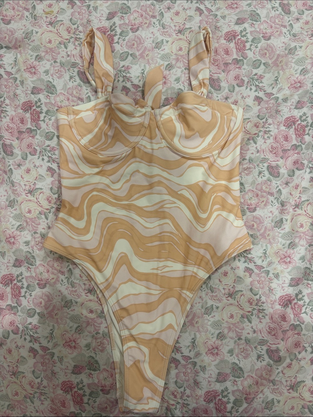 Swirled Beige & Cream One-Piece Swimsuit
